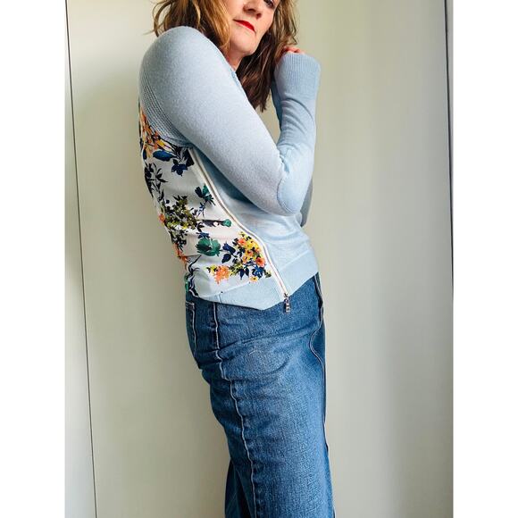 Sachi +Babi Wool Sweater Top Sheer Floral Print Blue Size 4 Quiet Luxury - Picture 8 of 9